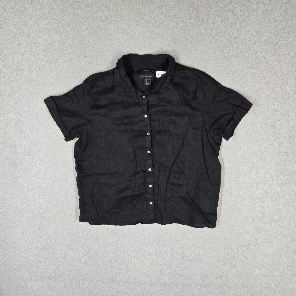 Tahari Women Button Up Shirt L Black Linen Collared Front Coastal